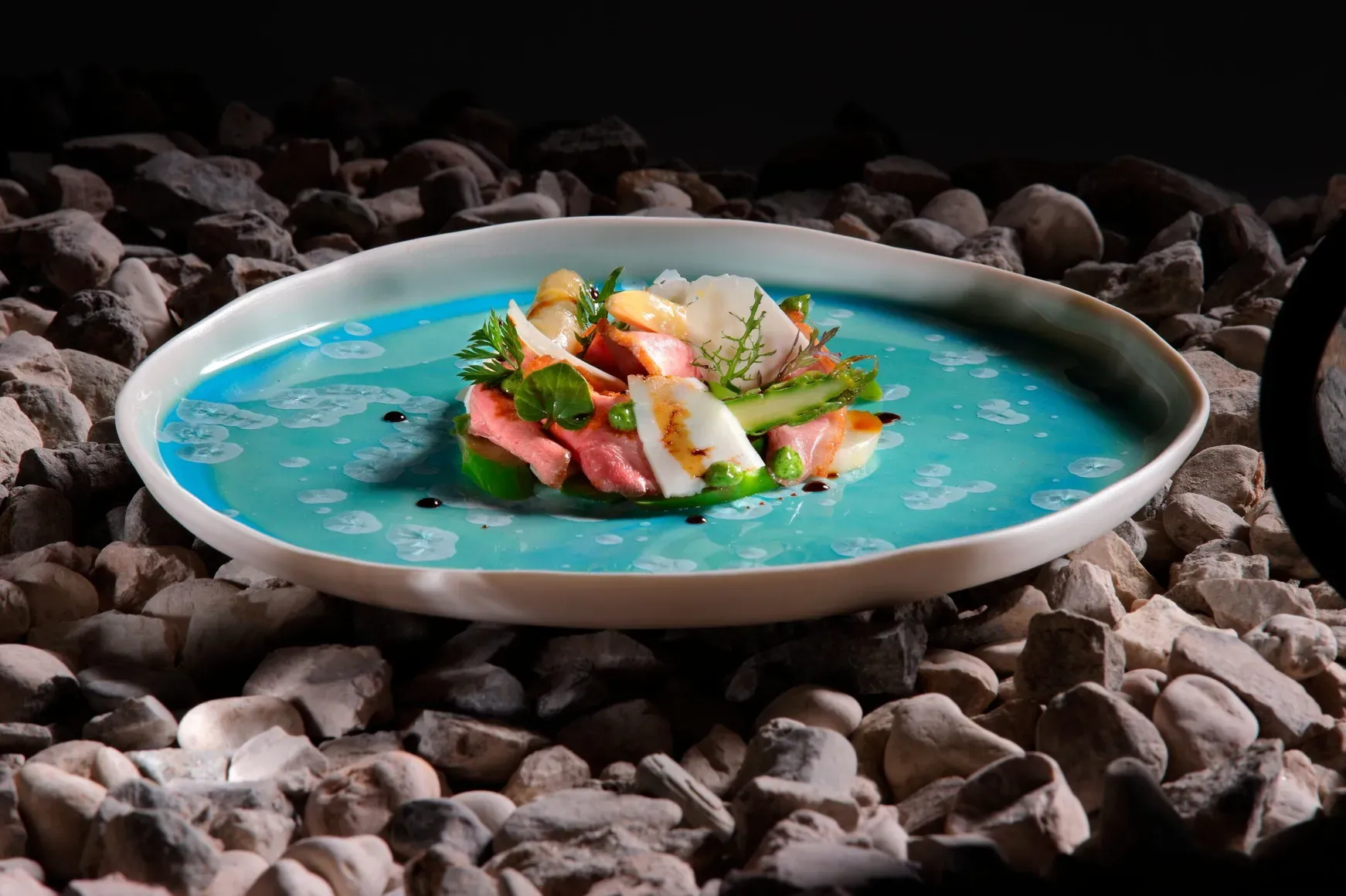 Piatto gourmet con salmone e verdure su salsa azzurra, decorato con erbe, appoggiato su ciottoli all’aperto nelle Dolomiti di Alta Badia.