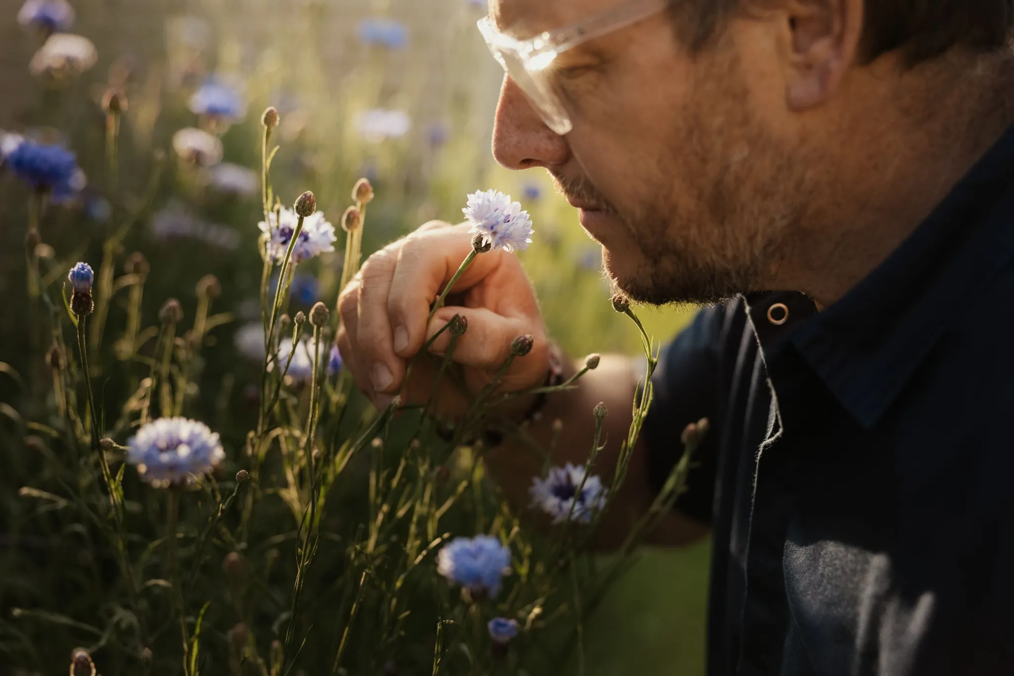A person with clear safety glasses leans close to sniff a pale blue wildflower in a sunlit Alta Badia, Dolomites field.