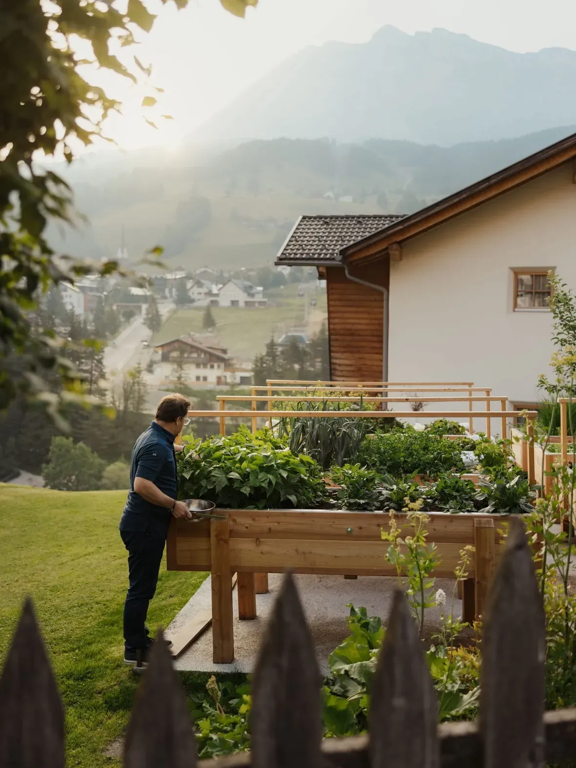Person tending a raised wooden garden bed full of greens in a backyard, with a house and mountains in the Alta Badia, Dolomites.