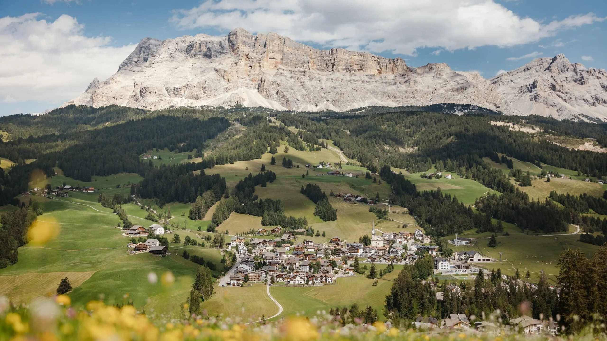 Alpine village in green valleys with surrounding forests and wildflowers, and the Dolomites rising in the distance under a blue sky.