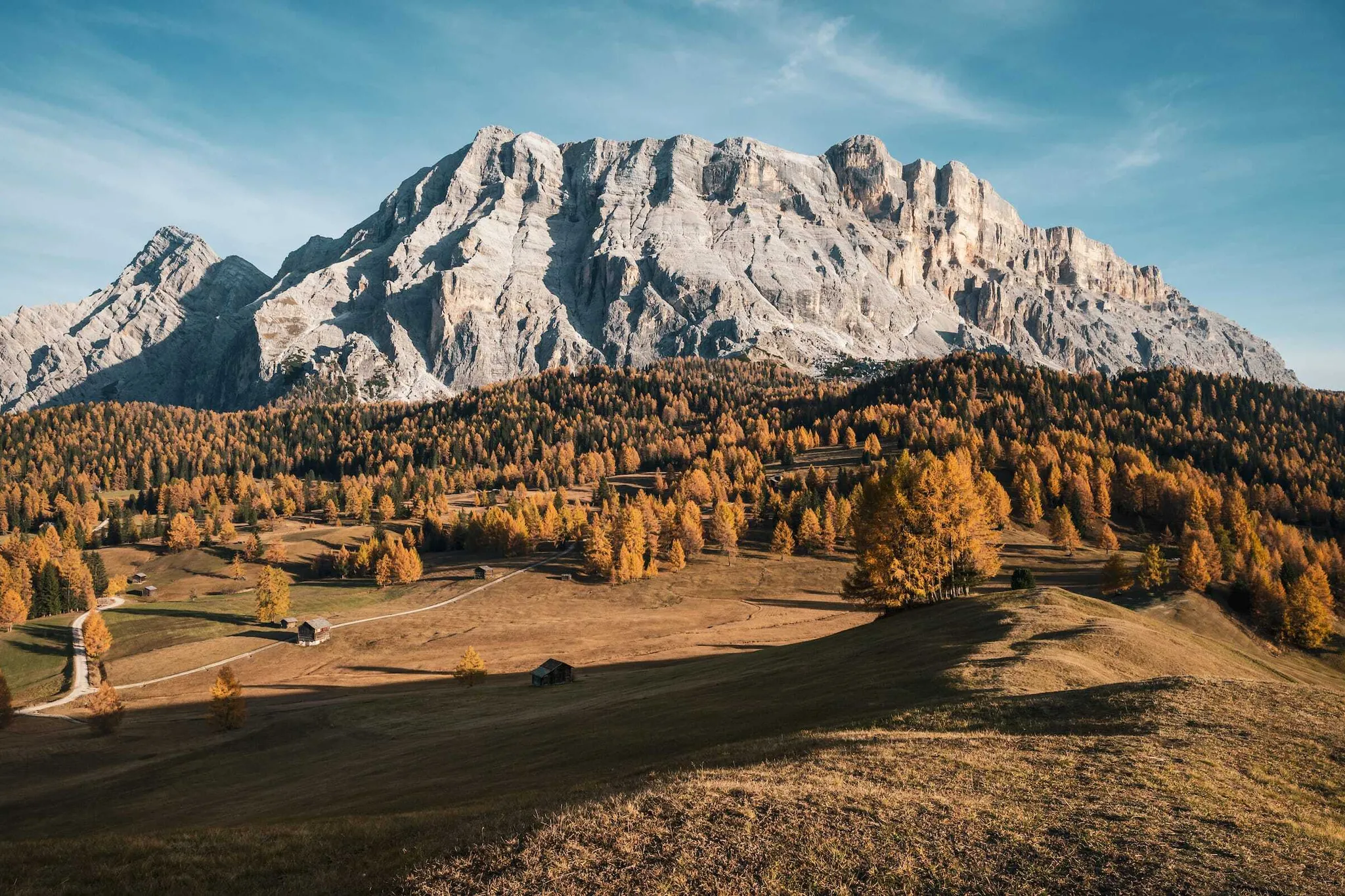 Autumn Dolomites landscape in Alta Badia: golden trees on rolling meadows, small huts, winding paths, with rugged mountains under a clear blue sky.