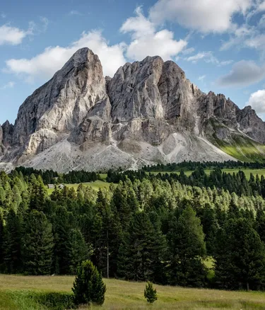 Maestose Dolomiti all'orizzonte in Alta Badia, foresta di conifere e prati verdi, cielo azzurro con nuvole bianche.