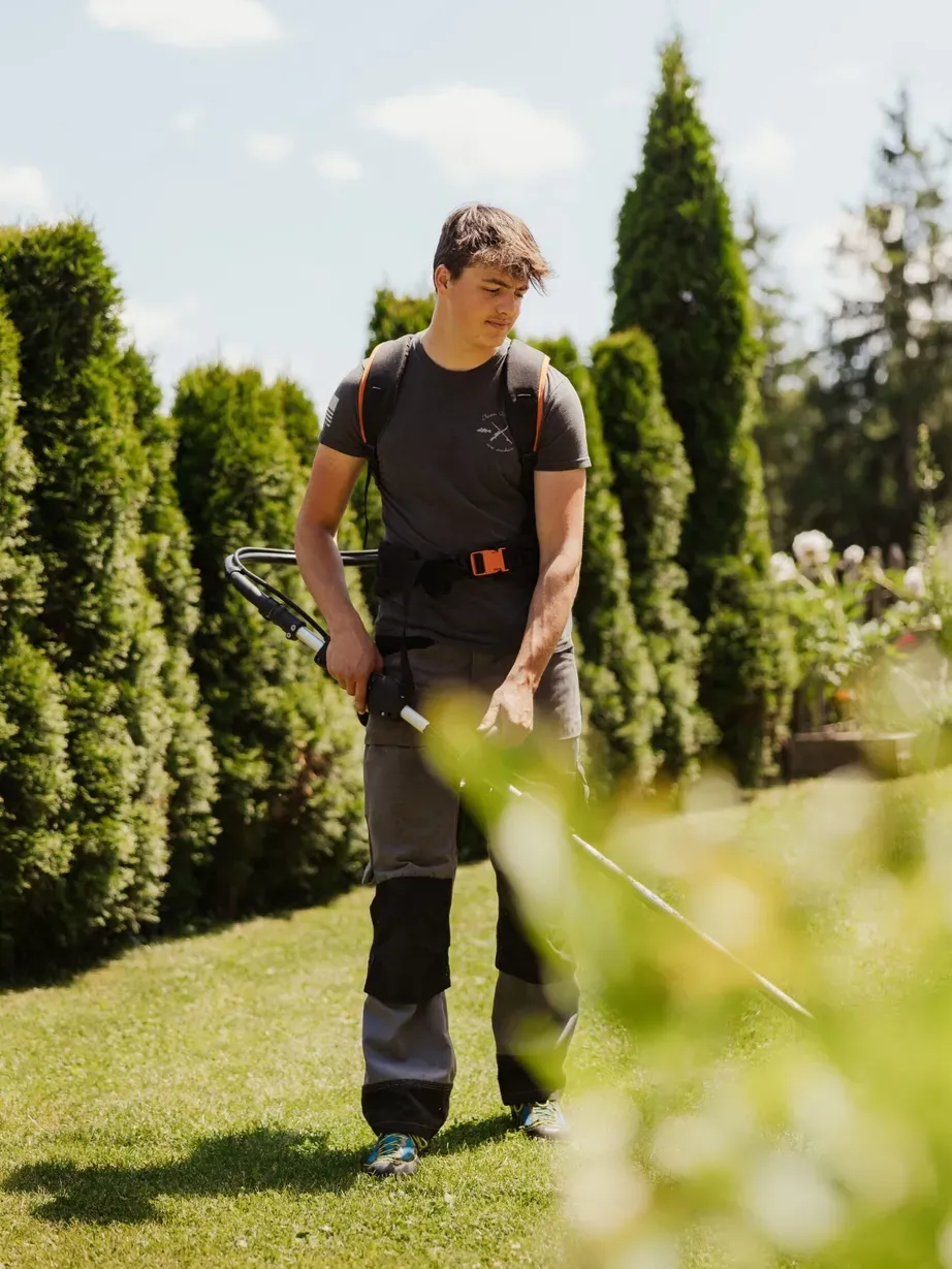 Tommy, wearing a backpack and outdoor gear, uses a brush cutter in a sunny garden among conifers in Alta Badia, Dolomites.